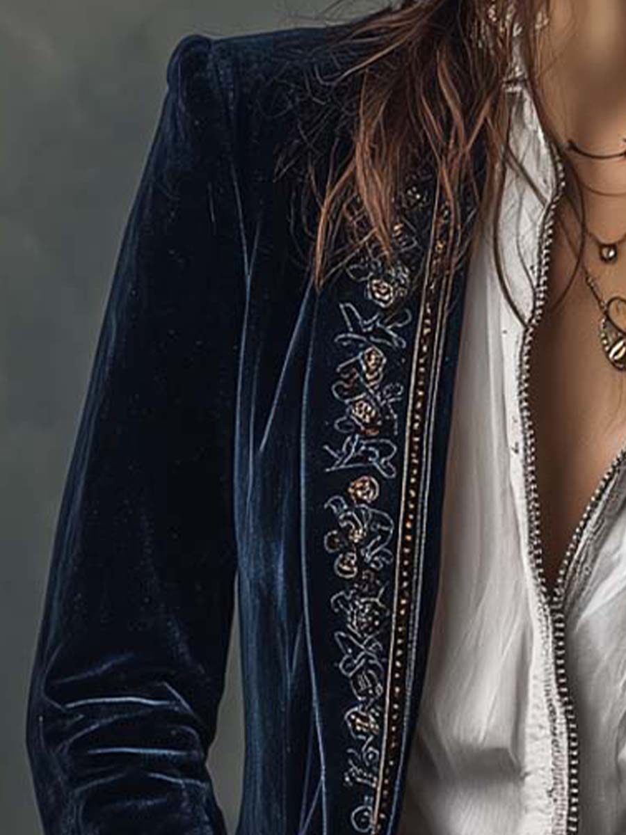 Federica | Veste longue vintage en velours bleu marine avec broderies