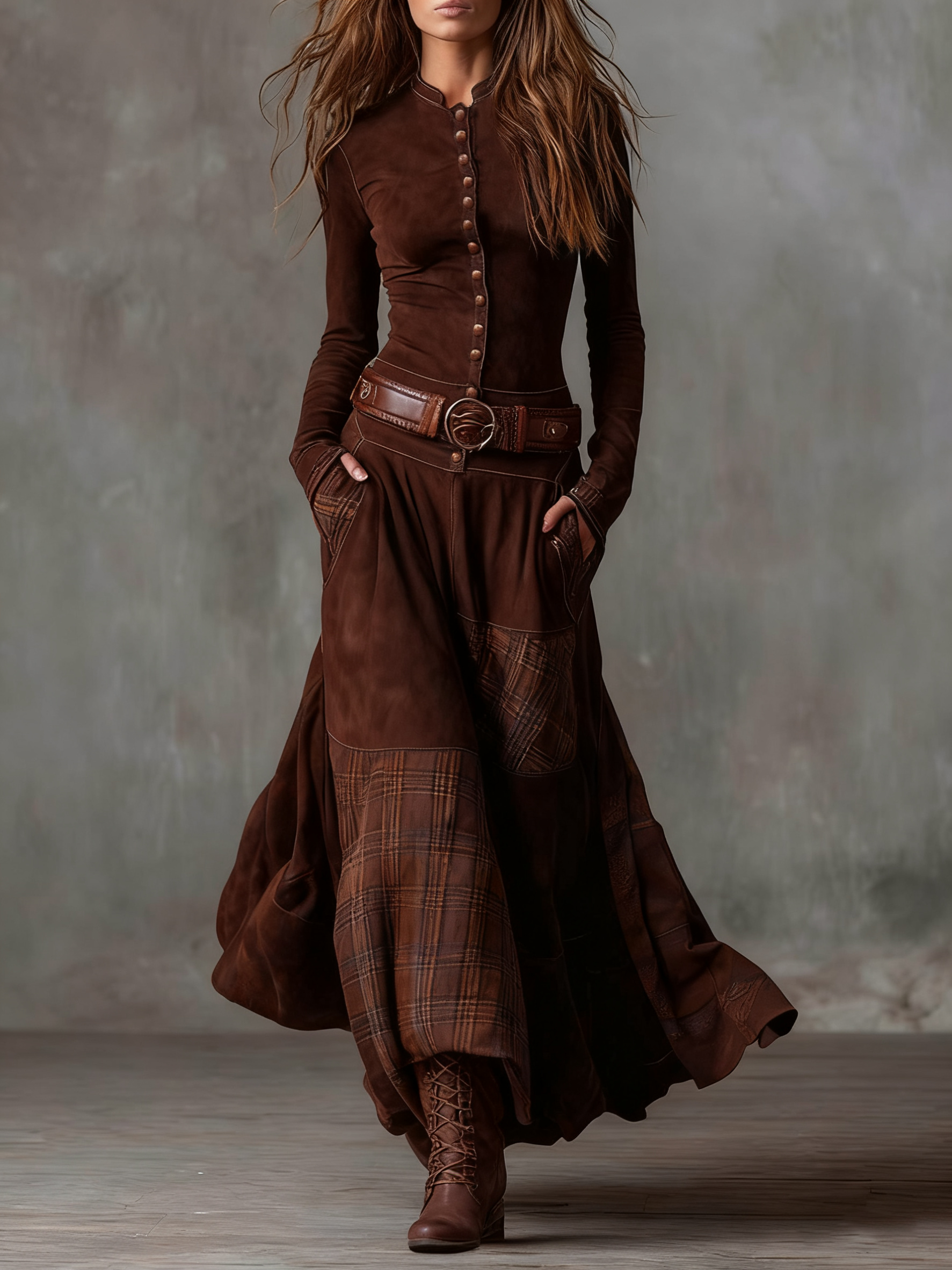 Leonora | Robe longue vintage en suédine à carreaux bleu marine (ceinture incluse)