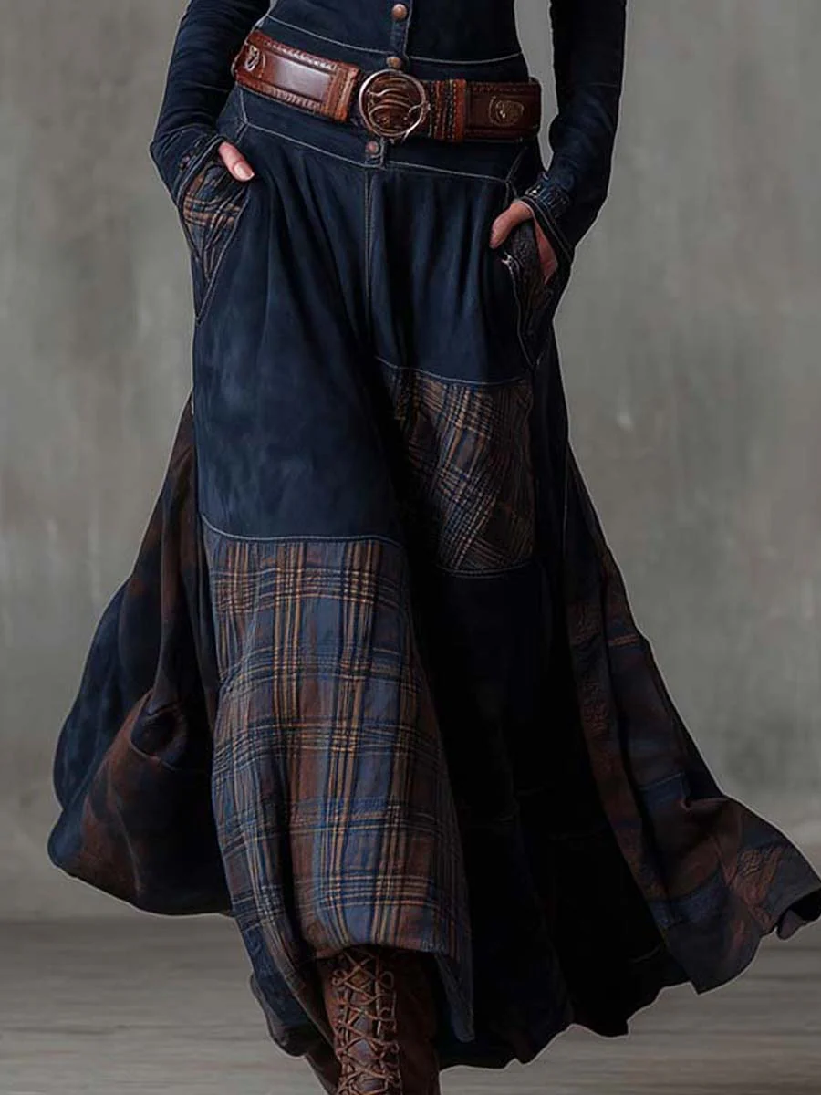 Leonora | Robe longue vintage en suédine à carreaux bleu marine (ceinture incluse)