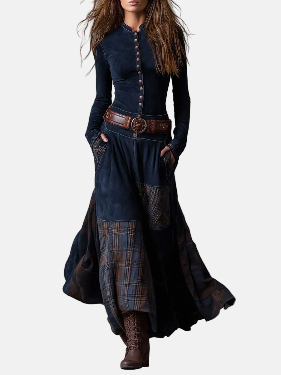Leonora | Robe longue vintage en suédine à carreaux bleu marine (ceinture incluse)