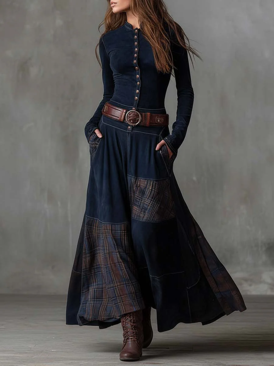 Leonora | Robe longue vintage en suédine à carreaux bleu marine (ceinture incluse)