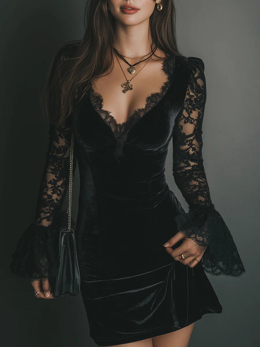 Lunori | Mini-robe en velours et dentelle