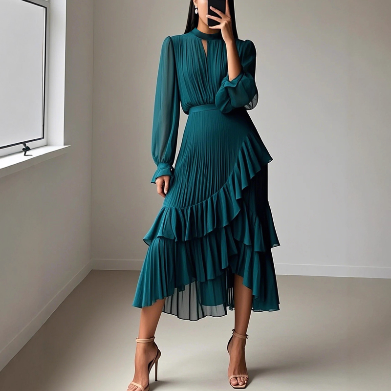 Sophia | Robe Midi Plissée à Volants